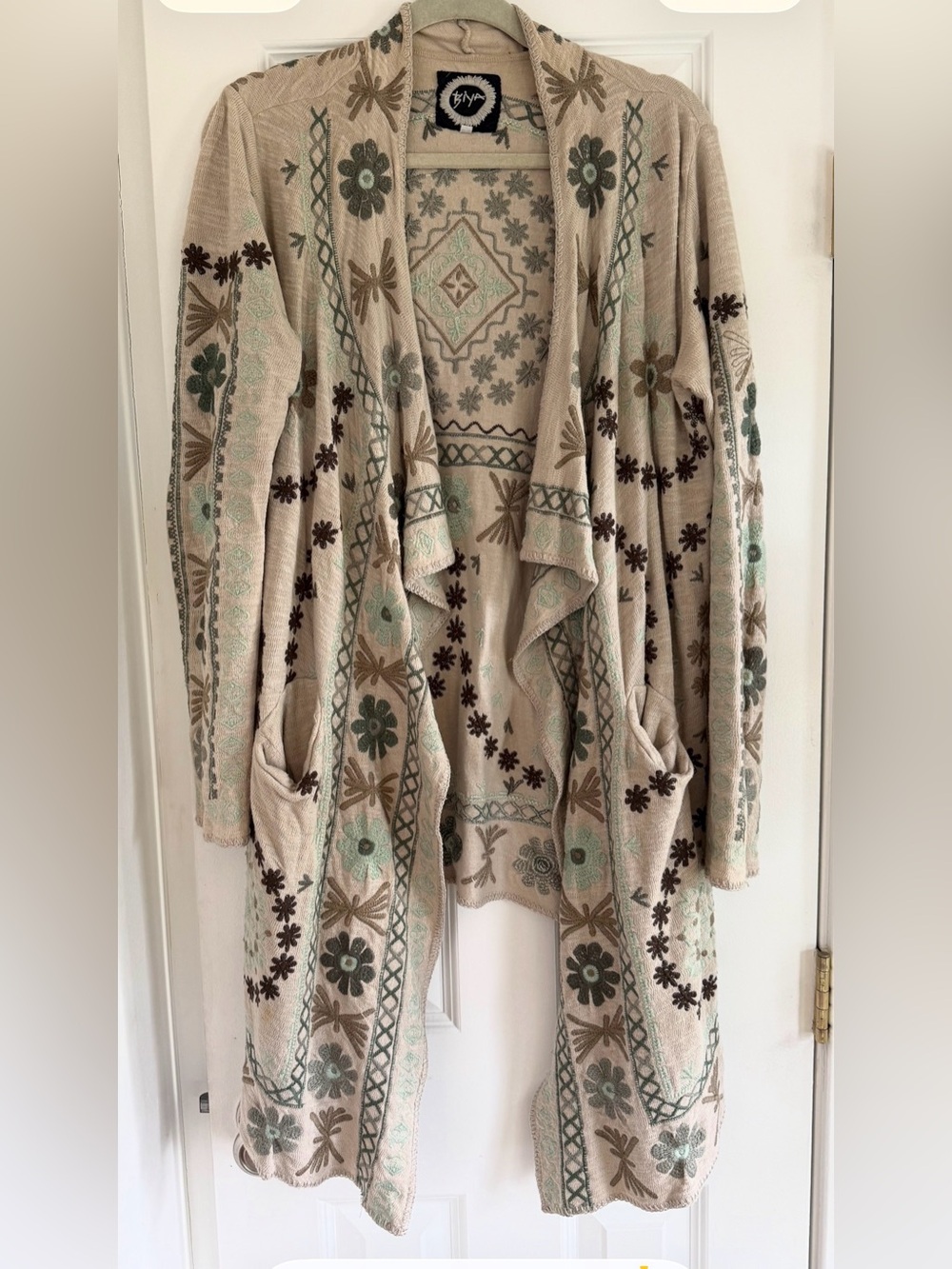 Johnny Was BIYA Beige Embroidered Open-Front Cardigan Sweater S